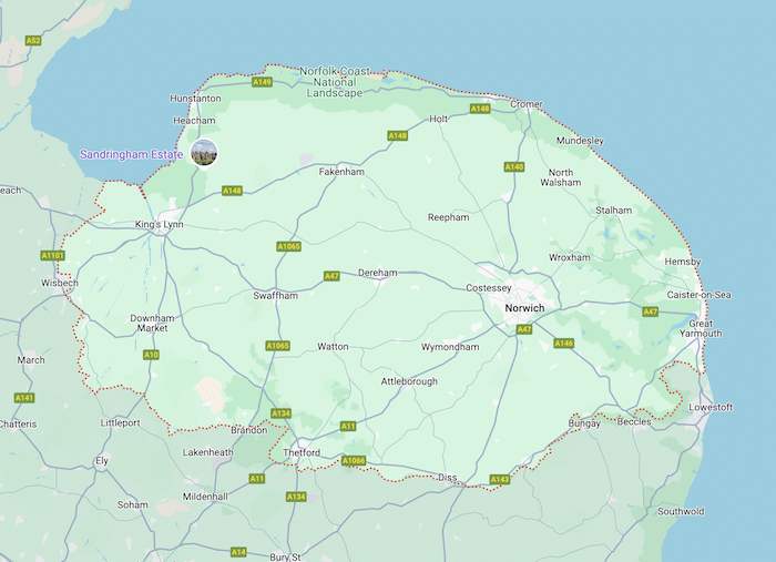 Map of the county of Norfolk, UK. Copyright Google Maps