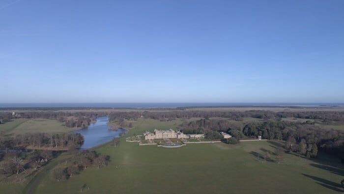 Aerial filming Holkham Hall, North Norfolk filming location