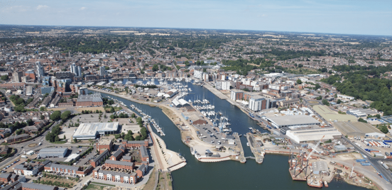 The suffolk town of Ipswich, with a drone shot of the port area