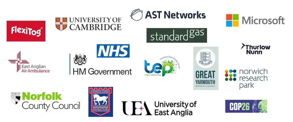 Business logos of my video customers, some of the are University of East Anglia, Standard Gas, Norfolk County Council, COP26, East Anglian Air Ambulance, FleixTog ,Tyseley Energy Park, Birmingham, University of Cambridge, Ipswich Town FC and Great Yarmouth Borough Council.