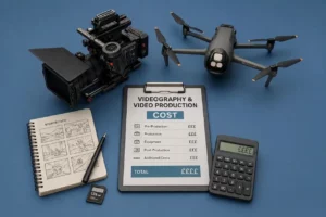 Camera drone and storyboard illustrating video production cost and budgets