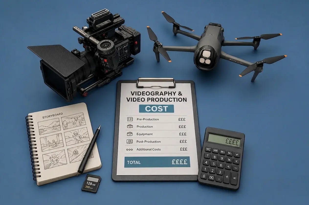 Camera drone and storyboard illustrating video production cost and budgets